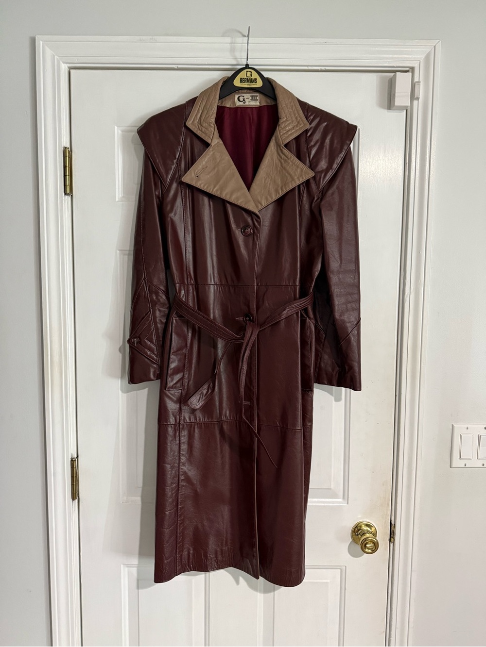 Vintage Belted Two-Tone Genuine Leather Trench Coat - Brown with Tan Collar